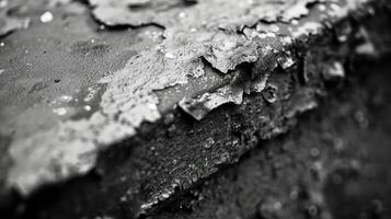 Close-up of a textured, weathered surface with peeling layers and a monochromatic aesthetic. photo