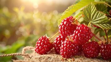 Fresh raspberries on a rustic surface with a natural background. photo