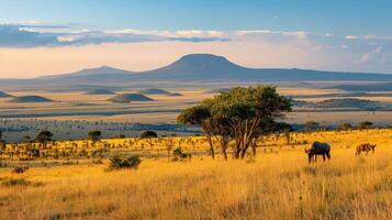 A serene landscape featuring hills, grasslands, and grazing animals under a colorful sky. photo