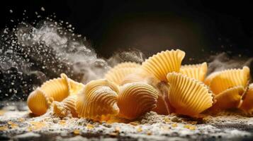 A dynamic display of uncooked pasta shells surrounded by flour and steam. photo