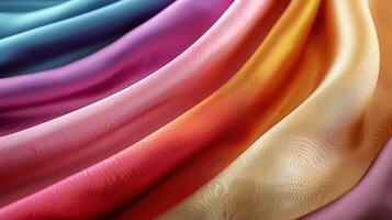 A close-up of flowing, colorful silk fabric showcasing smooth textures and gradients. photo