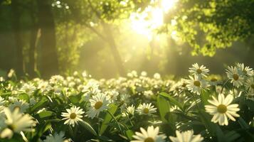 un iluminado por el sol bosque escena lleno con floreciente margaritas, creando un sereno y tranquilo atmósfera. foto