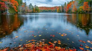 A serene lake surrounded by vibrant autumn foliage and fallen leaves. photo