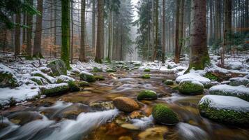 A serene winter forest scene with a flowing stream and moss-covered rocks. photo