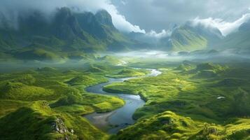 A serene landscape featuring lush greenery, mountains, and a winding river under a cloudy sky. photo