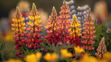 A vibrant display of blooming lupine flowers in various colors amidst green foliage. photo