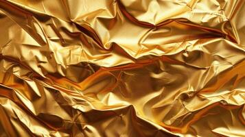 Crumpled golden foil texture creating a luxurious and shiny background. photo