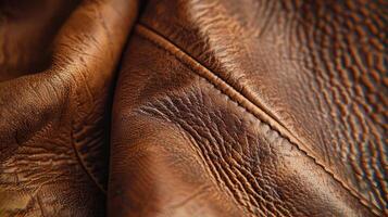 Close-up of textured brown leather showcasing intricate details and stitching. photo