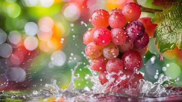 A cluster of grapes splashes in water, surrounded by a colorful, blurred background. photo