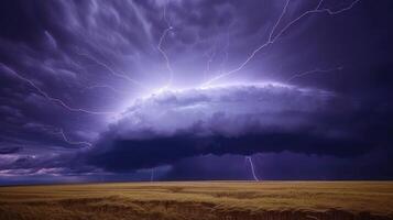 A dramatic thunderstorm with lightning illuminating a dark cloud over a golden landscape. photo