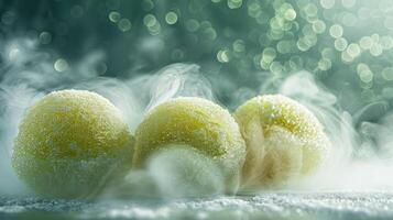 Three frosted green spheres surrounded by mist and shimmering bokeh. photo