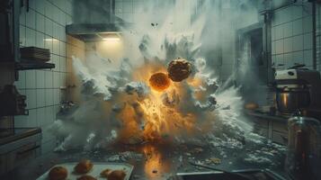 An explosion in a kitchen setting, creating chaos and dramatic effects. photo
