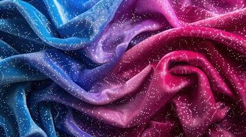A vibrant, textured fabric with a gradient of blue and pink hues, adorned with tiny sparkles. photo