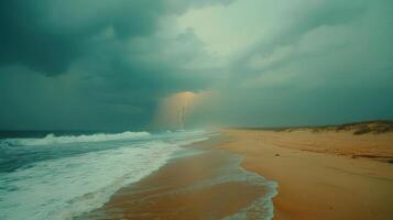 A stormy beach scene with dark clouds, lightning, and crashing waves. photo