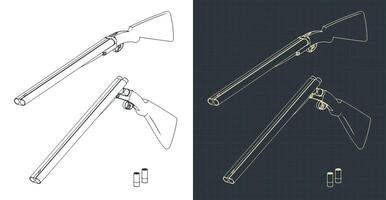 Double-barreled hunting shotgun blueprints vector