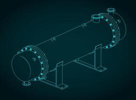 Shell and tube heat exchanger isometric blueprint vector