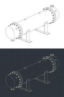 Shell and tube heat exchanger isometric blueprints vector
