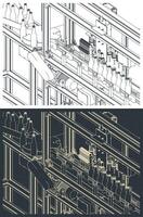 Bottle conveyor close-up isometric blueprints vector