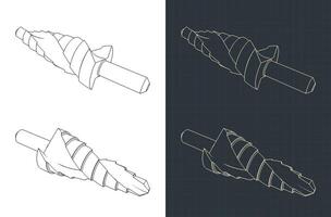 Stepped drill bit isometric blueprints vector