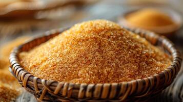 A close-up of brown sugar in a woven basket, showcasing its texture and color. photo