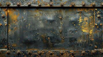 A close-up of a weathered metal surface with rust and rivets, showcasing industrial textures. photo