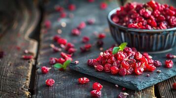 A bowl of dried cranberries on a rustic wooden surface, surrounded by scattered berries. photo