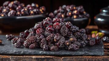 A close-up of dried fruits, specifically raisins, arranged on a slate surface. photo