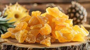 A close-up of dried pineapple pieces on a wooden surface, showcasing their texture and color. photo