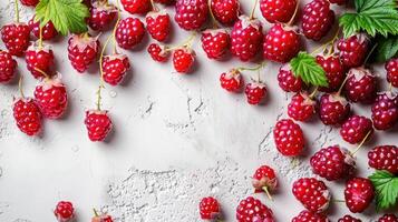 Fresh raspberries scattered on a textured surface, showcasing their vibrant color and texture. photo