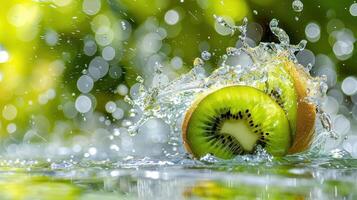 Sliced kiwis splashing in water, creating a vibrant and refreshing scene. photo