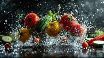Vibrant vegetables splashing in water, highlighting freshness and vitality. photo