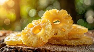 Slices of dried pineapple arranged artistically on a natural surface with a blurred background. photo