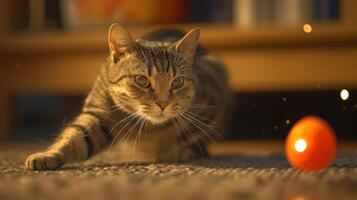 A focused tabby cat crouches near a bright orange ball, showcasing playful curiosity. photo