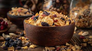 A wooden bowl filled with granola, nuts, and dried fruits on a rustic table. photo