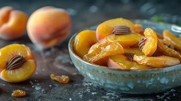 A bowl of sliced peaches with whole peaches in the background, showcasing fresh fruit. photo