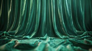A close-up of luxurious green velvet curtains, draped elegantly and creating a rich texture. photo