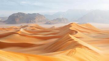 A vast desert landscape with rolling sand dunes and distant mountains under a hazy sky. photo