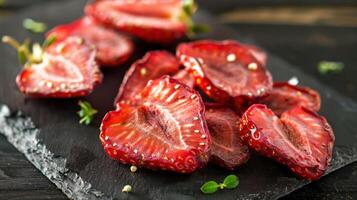 Dried strawberries arranged on a slate surface, showcasing their vibrant color and texture. photo