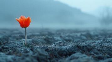 A solitary orange tulip stands out against a misty, desolate landscape. photo