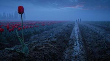A misty landscape featuring a vibrant tulip field and distant figures walking along a path. photo