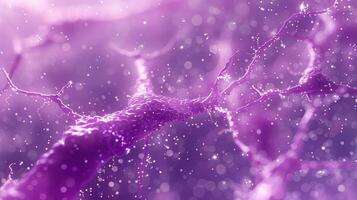 A vibrant, abstract depiction of neural connections with a purple hue and shimmering particles. photo