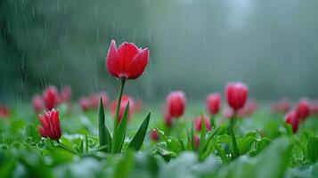 A serene scene of pink tulips in a lush green field, softly illuminated by rain. photo