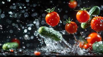 Fresh tomatoes and cucumbers splashing in water, highlighting vibrant colors and freshness. photo