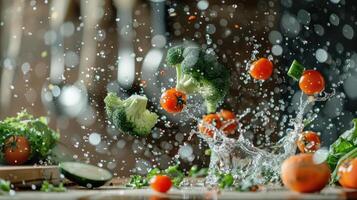 Fresh vegetables splashing in water, capturing vibrant colors and motion. photo