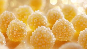 Close-up of glossy yellow spheres resembling caviar, highlighting texture and detail. photo