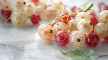 A close-up of fresh red and white currants on a marble surface, showcasing their texture. photo