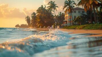 Serene beach scene at sunset with gentle waves and palm trees lining the shore. photo