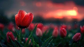 A close-up of a vibrant red tulip surrounded by a field of tulips, glistening with raindrops. photo