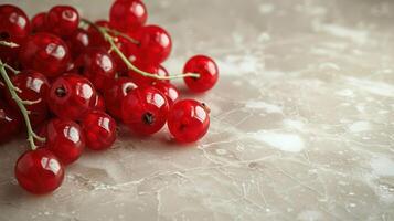 A cluster of vibrant red currants on a smooth marble surface. photo