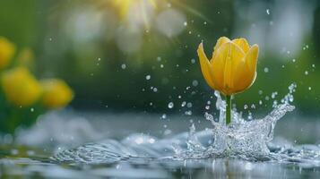 A yellow tulip emerges from water, surrounded by splashes and a soft, blurred background. photo